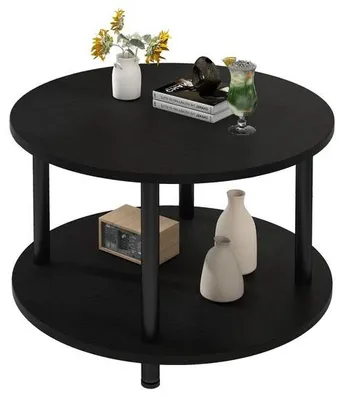 Productafbeelding van Ibenzoa® Runder salontafel – 2 niveaus, stevig stalen frame, MDF-platen, 60 x 60 x 48,5 cm, zwart, draagvermogen 100 pond – geschikt voor woon- en slaapkamer