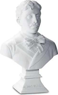 A white bust of Marcel Proust on a white background.