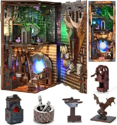 Obrázok produktu pre Habarri | Knižný kútik pre domácich majstrov - Sex Vikingov - Puzzle 3D - Miniatúrny domček s nábytkom a LED svetlom - Knižný kútik