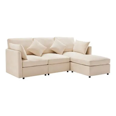 Produktbild von Ecksofa mit Hocker, Zier- und Armlehnenkissen, L-Form, Chenille, Wohnzimmersofa