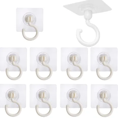 Image de Crochets adhésifs, lot de 10, crochets de plafond pivotants à 360°, pas de perçage nécessaire, crochets pour serviettes, blancs, crochets muraux résistants à l'eau pour la salle de bain, la cuisine, le bureau et la chambre à coucher