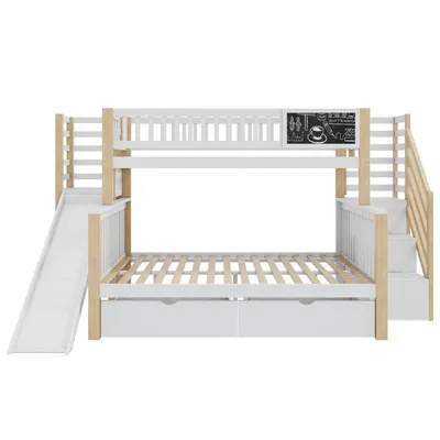 Produktbild von Flieks Etagenbett 90x200cm/140x200cm, Kinderbett mit Rutsche & Tafel, Hochbett mit Treppe & 2 Schubladen, Stockbett Holzbett 2 Kinder, Naturbelassen