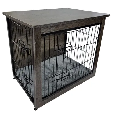 Produktbild von Vintage-Möbel für Hundekäfige M – 69 x 51 x 60 cm – Holz – Dunkelgrau – Holzbezug – mit Bankmatte – Käfig für Hunde und Welpen