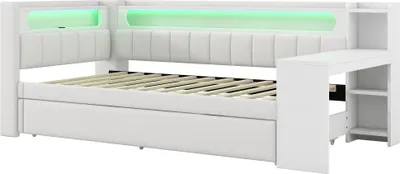 A white daybed with a pull-out trundle, integrated desk, and LED lighting.