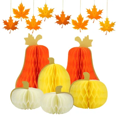 6 Papier-Honigwabenkürbisse + 8 Ahornblätter Herbstdeko