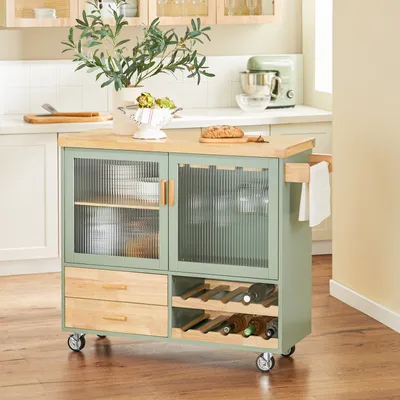 Produktbild von SoBuy FKW114-GR Küchenwagen mit Arbeitsplatte Kücheninsel Küchenschrank Rollwagen Sideboard auf Rollen Servierwagen Grün