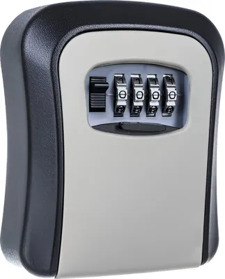 A close-up, front-facing view of a combination lock key safe.
