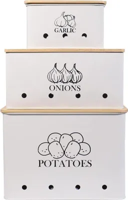 Produktbild von Unyqoos® 3er Vorratsdosen-Set für Kartoffeln, Zwiebeln & Knoblauch – weiße Küchen-Aufbewahrung aus pulverbeschichtetem Stahl mit Holzdeckel