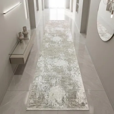 Image de Tapis moderne beige crème avec motif abstrait et franges. Dimensions : 80 x 300 cm