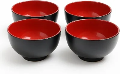 Produktbild von Schalenset aus Keramik, 4 Schalen mit je 250ml, Dessert- und Müslischalen, Ø 10,5cm, Schwarz-Rot