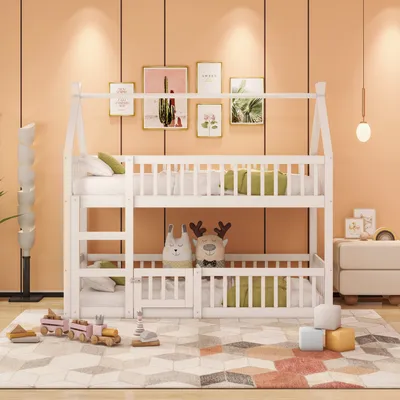 Obrázek produktu pro okwish Patrová postel 90x200 cm se schody, vysoká postel s ochranou proti pádu, masivní dřevěná postel pro děti, postel rám s roštem (spodní postel bez roštu), bílá