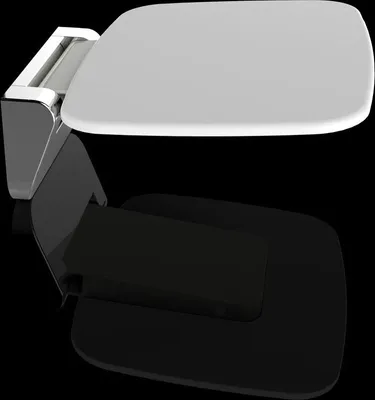 A product shot of a foldable shower seat mounted on a wall, with its reflection visible below.