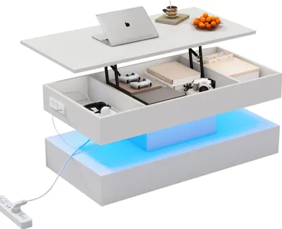 Zdjęcie produktu dla Stolik kawowy z oświetleniem LED i ukrytym schowkiem - stolik boczny z podnośnikiem hydraulicznym, 100*50*42 cm, udźwig 50 kg,
