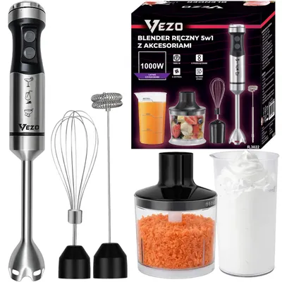Zdjęcie produktu dla Vezo blender ręczny 5w1 1000W stal nierdzewna 15000 obr min rozdrabniacz 500ml kubek 700ml trzepaczka spieniacz 2 prędkości