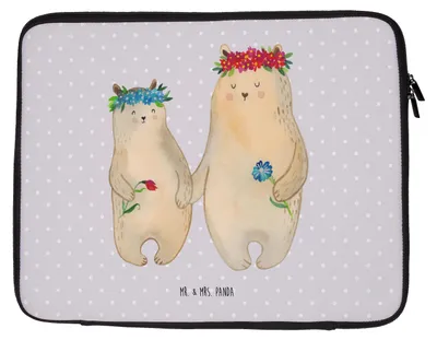 Produktbild von Mr. & Mrs. Panda Notebook Tasche Bären mit Blumenkranz 33 x 42 cm - Grau Pastell - Geschenk, Laptoptasche, Muttertag, Family, Laptop Hülle, Laptophülle, Notebooktasche