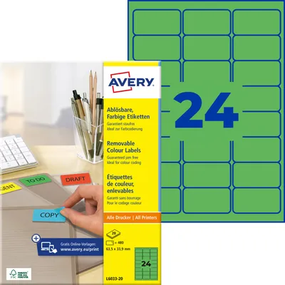 Produktbild von Avery Zweckform L6033-20, Farbige Etiketten, ablösbar, A4, 63,5 x 33,9 mm, 480 Etiketten / 20 Bögen, grün