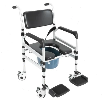 Produktbild von Klappbarer Duschstuhl - Toilettenstuhl mit Rollen - 4 Bremsrollen - Sitzhöhe 48–54 cm - Belastbar bis 160 kg - Aluminiumrahmen - Für Senioren - Weiß