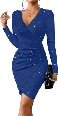 Produktbild von Damen Minikleid Schlank Langarm V-Ausschnitt Party-Cocktailkleid mit V-Ausschnitt, Grün, M