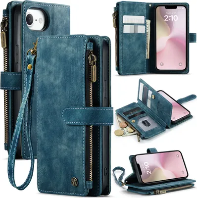 Image de Étui en cuir pour iPhone 16e/iPhone 17e, étui enPolyuréthaneavec fermeture à glissière, fermeture magnétique, pochette pour cartes, support, étui portefeuille bleu