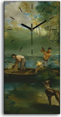 Produktbild von Dekor Leinwand Uhr Wandbilder 30x60 Malerei Wald Bäume Dorfbewohner Boot Fluss - schwarze Hände