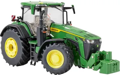 A detailed model of a John Deere tractor.