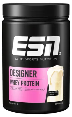 Produktbild von ESN Designer Whey Protein, Pulver, Milcheiweiß, Vanille, Molkenproteinmischung 92 % (ultrafiltriertes Molkenproteinkonzentrat, cross-flow mikrofiltriertes..., Für eine Portion mixt du 30 g Pulver mit 200 ml Wasser in einem Shaker. Schon bist du fertig und..., 22 g