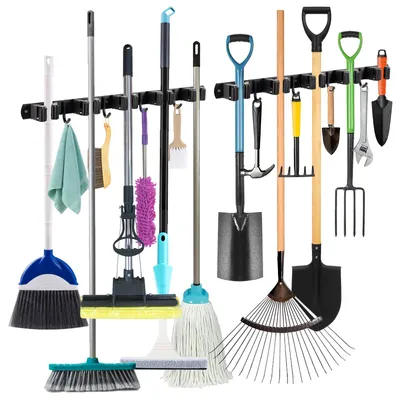 Image de 5 supports pour balais avec 4 crochets, lot de 2 supports muraux pour balais et serpillères, sans perçage, support autocollant pour ranger les outils, idéal pour le garage, le jardin, le débarras, la cuisine et la salle de bains