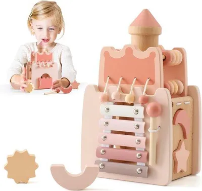 Produktbild von Holzspielzeug 5 in 1 Rosa Schloss - Aktivitätskiste für motorische Fähigkeiten