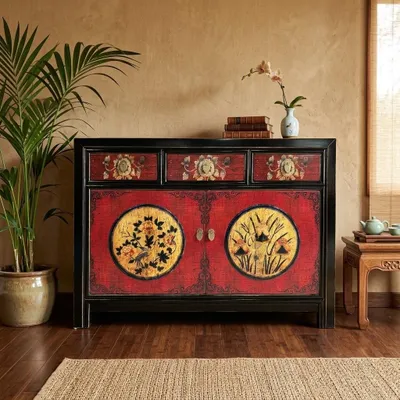 Produktbild von OPIUM OUTLET Kommode Sideboard Schrank orientalisch chinesisch asiatisch Möbel Schränkchen Anrichte rot-schwarz Vintage Shabby Chic Stil antiker Landhaus-Stil