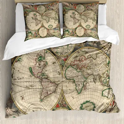 Produktbild von ABAKUHAUS Weltkarte Bettbezug Set, Antikes Design mit Renaissance-Figuren Kontinente und Hemisphären Vintage Art, 155 x 220 cm + 80 x 80 cm, Mehrfarbig