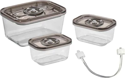 Three clear vacuum seal containers of different sizes and a vacuum pump accessory are arranged on a white background.
