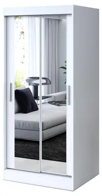 Zdjęcie produktu dla Szafa przesuwna Biały Mat - 90x200cm - Szafa KARL - z 2 lustrami - do sypialni i garderoby