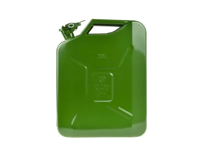A green metal jerrycan is shown against a white background.