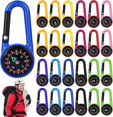 Produktbild von Set mit 24 farbigen Mini-Kompassen mit Karabinerhaken, multifunktionale Schlüsselanhänger, tragbar, für Outdoor-Aktivitäten, Camping, Wandern und Reisen