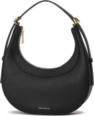 A black leather handbag is shown against a white background.