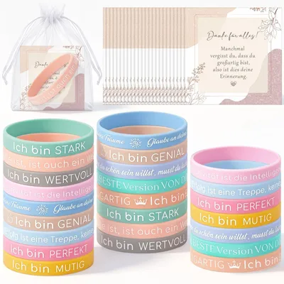Produktbild von Set aus 24 Silikon Motivationsarmbändern mit Affirmationskarten