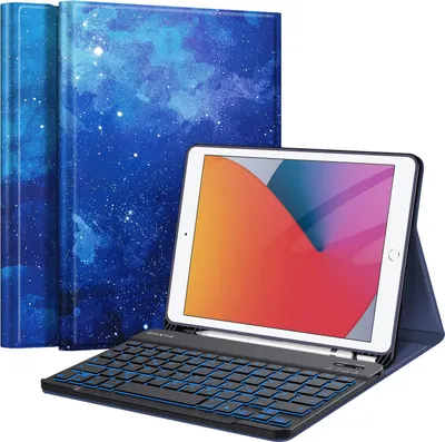 Produktbild von Fintie Hülle mit Tastatur für iPad 9. / 8. / 7. Generation (10.2 Zoll, 2021/2020/2019), Beleuchtete Magnetisch Abnehmbarer Tastatur mit Schutzhülle, Deutsches QWERTZ-Layout, Sternenhimmel