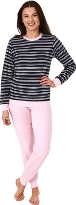 Produktbild von Edler Damen Frottee Pyjama langarm Schlafanzug mit Bündchen in Streifenoptik - 291 13 569 ; marine , 48