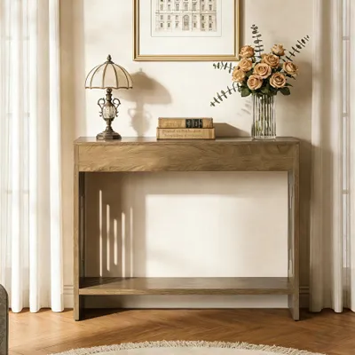 Image de Table d'appoint derrière le canapé - Table d'entrée étroite - Table en bois à deux niveaux - Style cottage - Avec étagères - 105 × 30 × 80 cm - Brun rustique