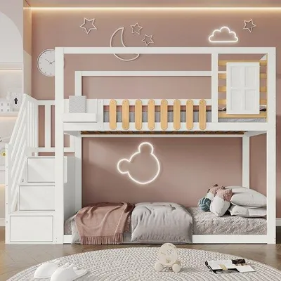 Produktbild von Kinderstapelbett mit Sicherheitsgitter, weiß, 90x200 cm, massiver Nussbaumrahmen