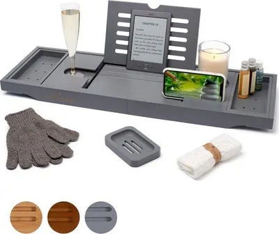 Produktbild von Bamboo-Badstuhl mit Kerze, Weinglas, Buch und Tablet-Halter, ausfahrbare Badstuhl-Unterlage, Holz-Badstuhl-Unterlage, 100 % Baumwoll-Bamboo (grau)