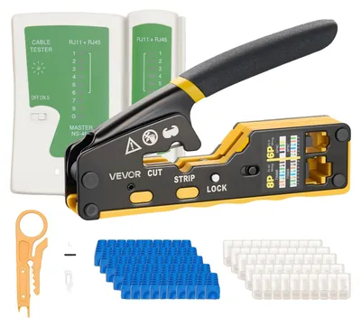 Zdjęcie produktu dla Zestaw narzędzi sieciowych VEVOR, komplet zaciskarek RJ45/RJ11/RJ12 do kabli Ethernet, przeznaczony do złącz modularnych 4/6/8-pinowych, zawierający mini obcinacz do kabli, 50 złączek, 50 nakładek, wymienne ostrza oraz tester kabli sieciowych
