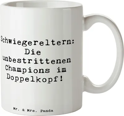 Produktbild von Mr. & Mrs. Panda Kaffeebecher Spruch Schwiegereltern Champions - Weiß - Geschenk, Tasse, Pott, Familientreffen, Familie, Becher, Gesellschaftsspiele, handgemacht