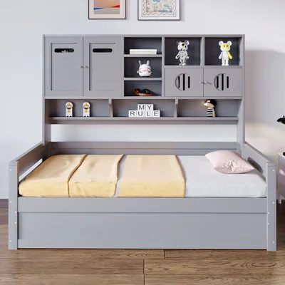 Produktbild von okwish Jugendbett 90x200 Kinderbett Multifunktionsbett mit Staufach und mehrere Ablagefächer,Einzelbett ohne Matratze,Bettgestell aus Kiefernholz als Gastbett,grau