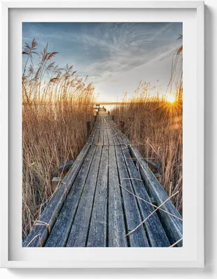 Produktbild von Eine Holzstraße zwischen Leisten– Wandbild mit Rahmen – Gerahmtes Bild  – Wanddekoration – 60x80 cm –  Weiß Rahmen