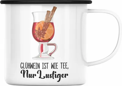 Produktbild von Trendation - Glühwein Emaille Tasse Lustig Spruch Glühweinbecher mit Henkel Doppelwandig GlühweinEmaille Tassen Gläser Weihnachtsmarkt Becher Emaille Tassen Geschenk - Wie Tee Nur Lustiger (Schwarz)