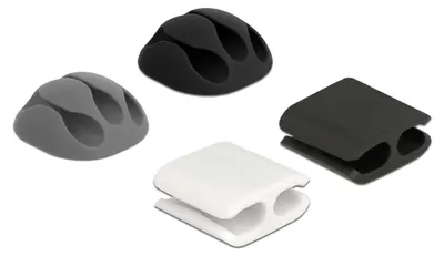 Produktbild von DeLOCK Kabelhalter und Kabelclip Set 4 Stück, Kabelhalter, Tisch/Wand, Kunststoff, Schwarz, Grau, Weiß