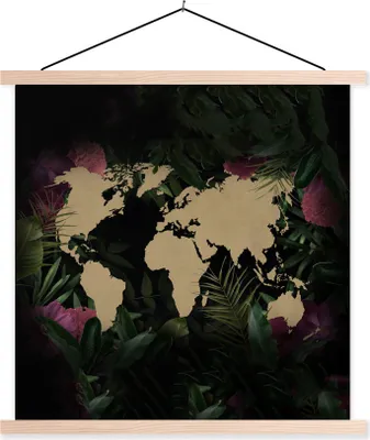 Produktbild von MuchoWow® Textilposter Weltkarte - Braun - Blumen 120x120 cm mit holzfarbenen Rahmen - Textil-Poster