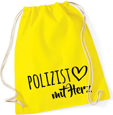 Produktbild von Huuraa Turnbeutel Polizist mit Herz 12 Liter Yellow Baumwolle Rucksack Geschenkidee