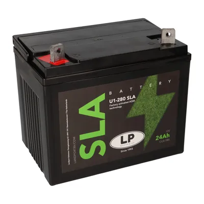 A black SLA battery with green accents and text on a white background.